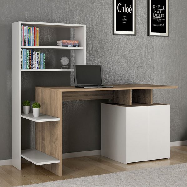 Γραφείο με ραφιέρα Melis pakoworld χρώμα λευκό-sonoma 146x60x129εκ