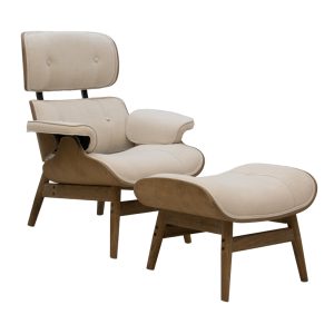 Πολυθρόνα-υποπόδιο relax Mirto pakoworld μασίφ ξύλο καρυδί-ύφασμα μπεζ 80x80x96