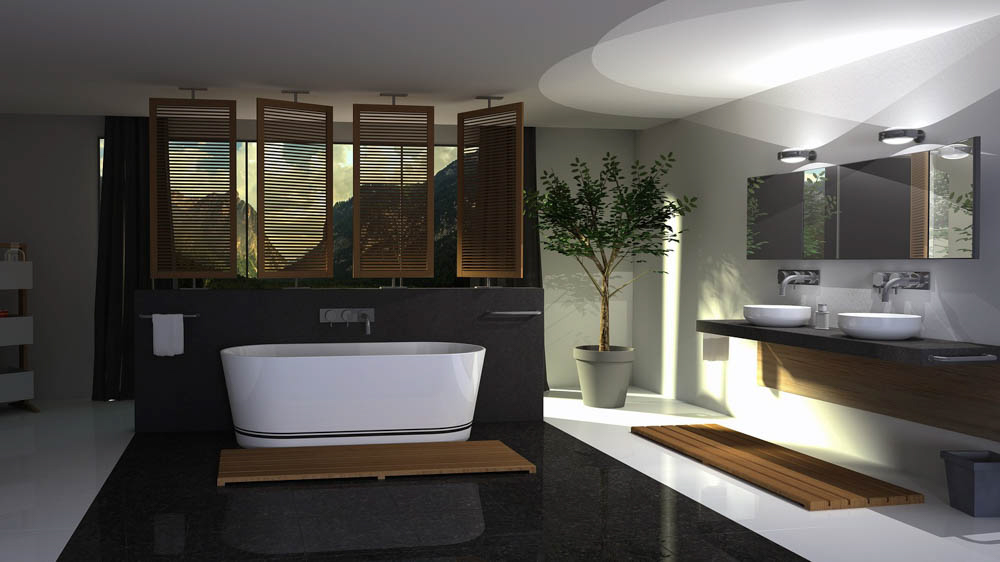 Μεγάλο μοντέρνο και σύγχρονο μπάνιο με ξύλινα διακοσμητικά στοιχεία.