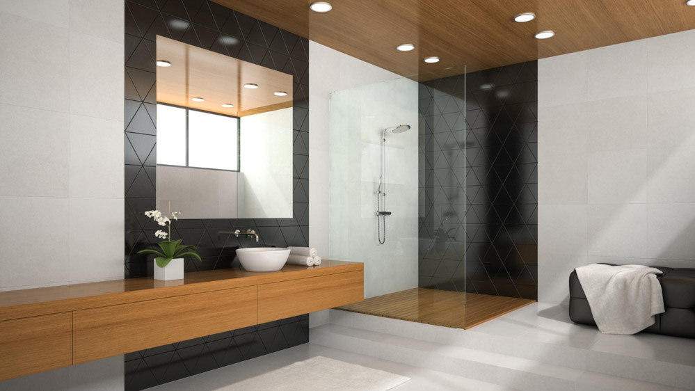Ξύλινη οροφή μπάνιου στην οποία υπάρχουν στρογγυλά χωνευτά σποτάκια που φωτίζουν αποτελεσματικά τον χώρο.