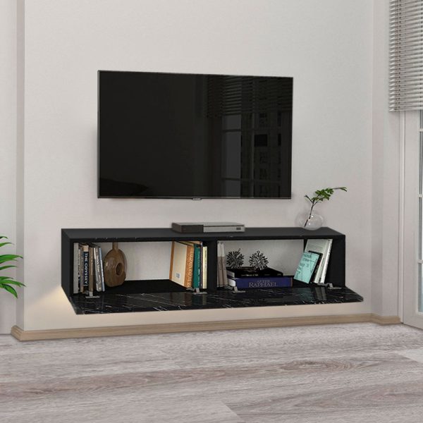 3 - Έπιπλο τηλεόρασης επιτοίχιο Aristo Megapap από μελαμίνη με LED χρώμα μαύρο - εφέ μαρμάρου 135x31