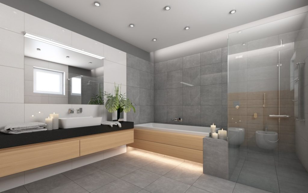 Θεματική εικόνα για οικονομική ανακαίνιση μπάνιου. Ευρύχωρο μπάνιο σε γκρι αποχρώσεις, με μπανιέρα, ντουζιέρα, νιπτήρα.