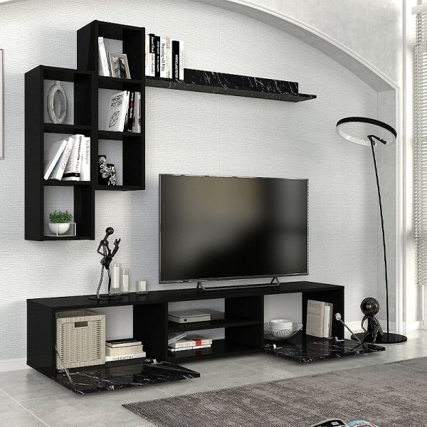 1 - Σύνθεση τηλεόρασης Duana Megapap χρώμα μαύρο εφέ μαρμάρου - μαύρο 180x38x35
